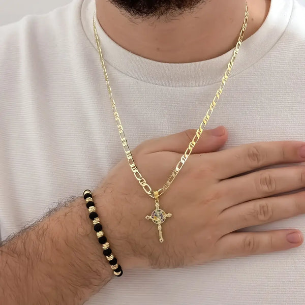 Conjunto De Caballero Con Cadena De Tejido Escalera Plana, Dije De Crucifijo Y Manilla