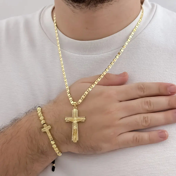 Conjunto De Caballero Con Cadena De Tejido Escalera, Dije Y Manilla De Cruz