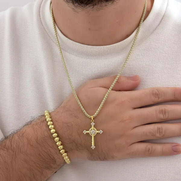 Conjunto De Caballero Con Cadena De Tejido Franco, Dije De Crucifijo Y Manilla Italiana
