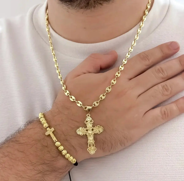 Conjunto De Caballero Con Cadena De Tejido Gucci, Cruz Trébol Y Manilla