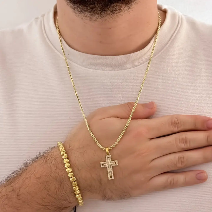 Conjunto De Caballero Con Cadena De Tejido Lazo, Dije De Cruz Cristal Y Manilla Italiana