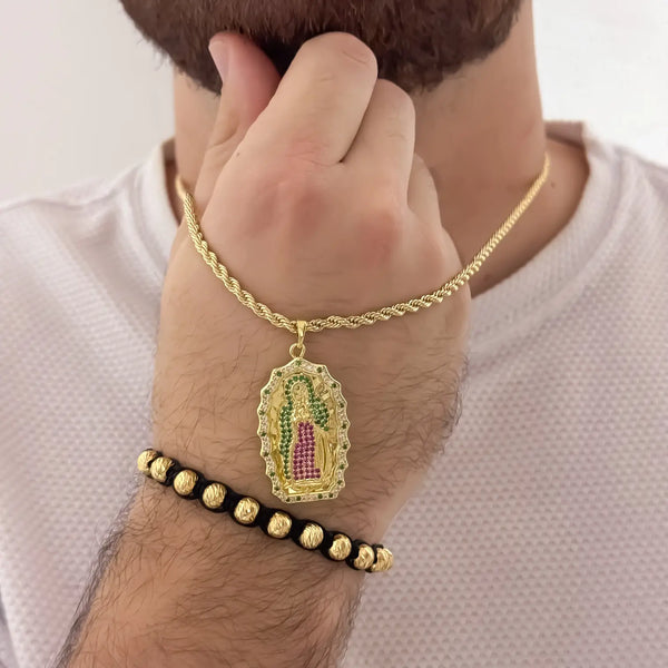 Conjunto De Caballero Con Cadena De Tejido Lazo, Dije De La Virgen De Guadalupe Y Manilla Tejida De Balines Italianos
