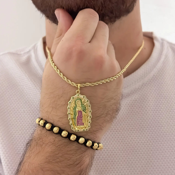 Conjunto De Caballero Con Cadena De Tejido Lazo, Dije De La Virgen De Guadalupe Y Manilla Tejida De Balines Italianos
