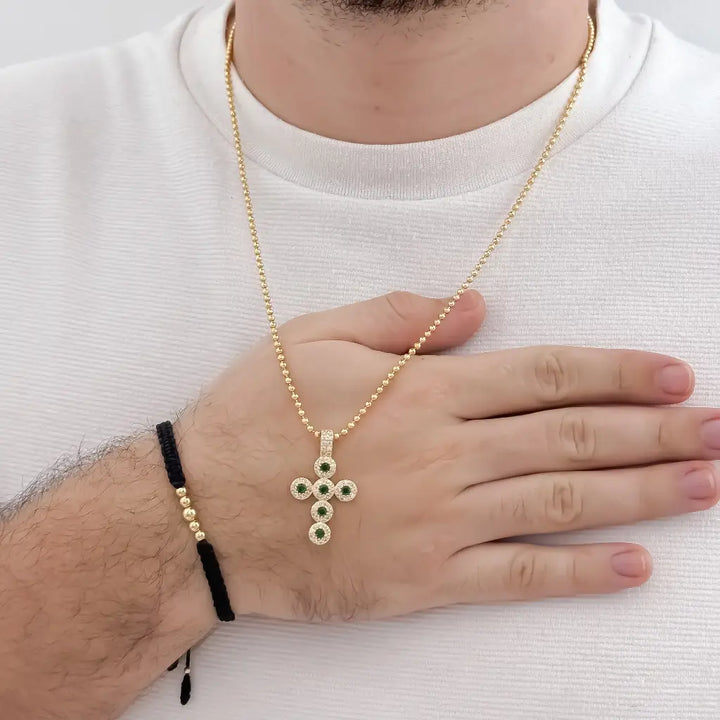 Conjunto De Caballero Con Cadena De Tejido Militar Con Dije De Cruz Verde Y Manilla Negra