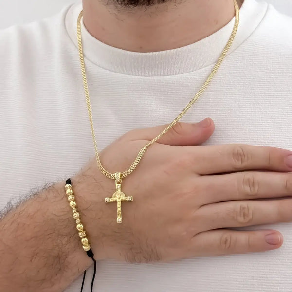 Conjunto De Caballero Con Cadena De Tejido Sedusa, Dije De Crucifijo Y Manilla Negra