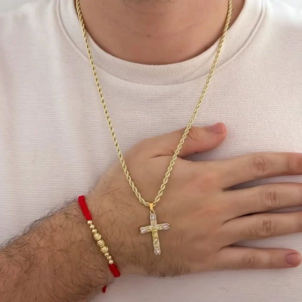 Conjunto De Caballero Con Cadena Tejido Lazo, Dije De Cruz Cristal Y Manilla Roja De Balines Italianos Y Diamantados