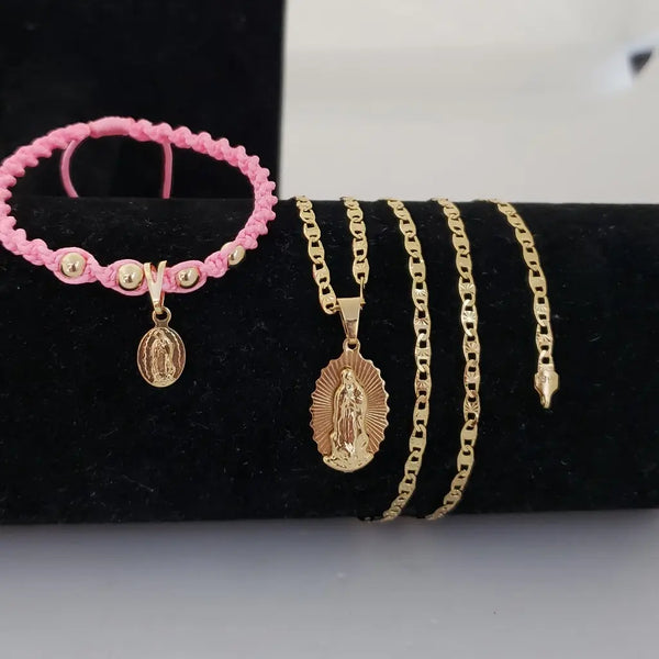 Conjunto De Dama Com Cadena De Tejido Escalera De 50cm-3mm De Grosor Con Dije De La Virgen De Guadalupe + Manilla Rosa Con Dije De La Virgen De Guadalupe + Envío Gratis