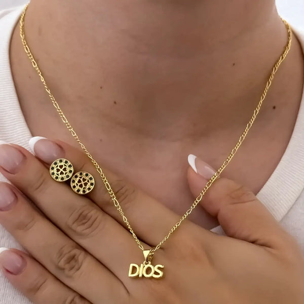 Conjunto De Dama Con Cadena De Tejido Cartier Fina, Dije De DIOS Y Topos De Trébol Verde