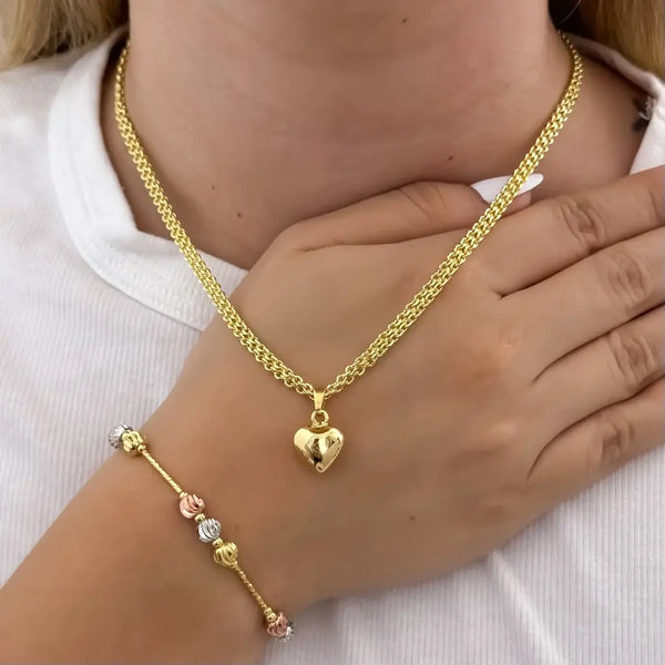 Conjunto De Dama Con Cadena De Tejido Chino, Dije De Corazón Y Pulsera Tres Oros