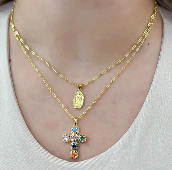 Conjunto De Dama Con Cadena De Tejido Crispeta, Cadena De Tejido Singapur, Dije De Cruz Y Dije De La Virgen De Guadalupe
