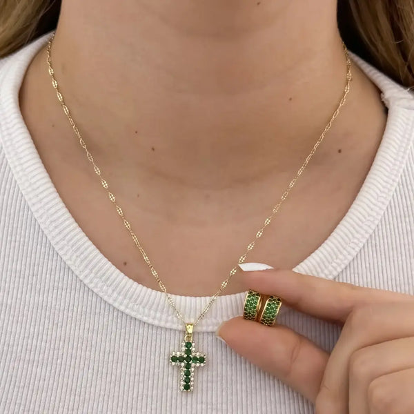 Conjunto De Dama Con Cadena De Tejido Crispeta, Dije De Cruz Verde Y Candongas Verdes