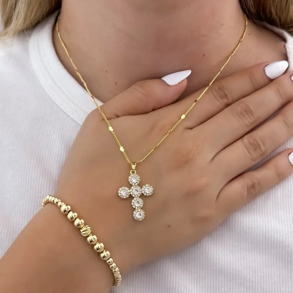 Conjunto De Dama Con Cadena De Tejido Cubana Con Corazones, Dije De Cruz Cristal Y Manilla