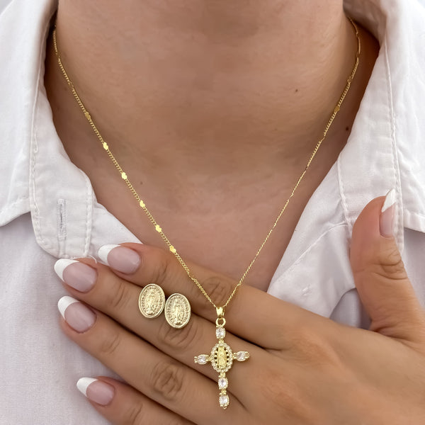 Conjunto De Dama Con Cadena De Tejido Cubana Con Corazones, Dije De Cruz Cristal Y Topos De La Virgen De Guadalupe