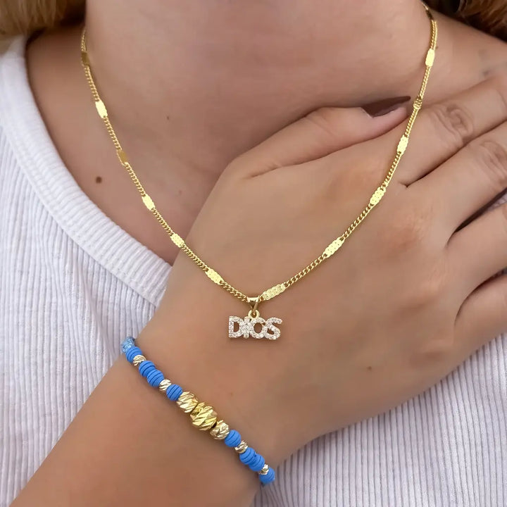 Conjunto De Dama Con Cadena De Tejido Cubana Con Destellos, Dije De DIOS Y Manilla Azul