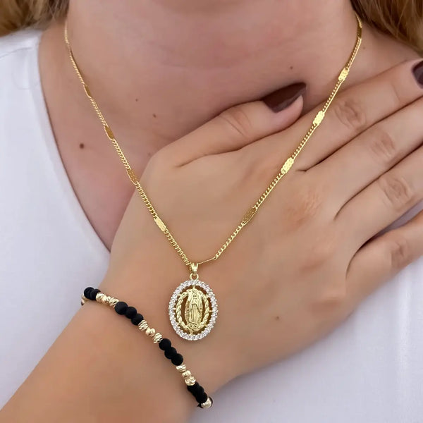 Conjunto De Dama Con Cadena De Tejido Cubana Con Destellos, Dije De La Virgen De Guadalupe Y Manilla Italiana Con Neoprenos