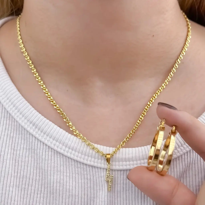 Conjunto De Dama Con Cadena De Tejido Cubana Trenzada, Dije De Rayo Y Candongas