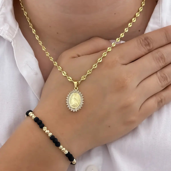 Conjunto De Dama Con Cadena De Tejido Gucci, Dije De La Virgen De Guadalupe Y Manilla Italiana Con Neoprenos
