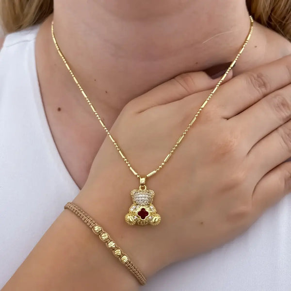 Conjunto De Dama Con Cadena De Tejido Militar Con Cilindros, Dije De Oso Y Manilla
