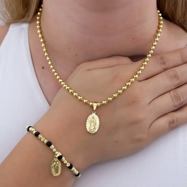 Conjunto De Dama Con Cadena De Tejido Militar, Dije De La Virgen De Guadalupe Y Manilla Italiana Con Neoprenos Y Dije