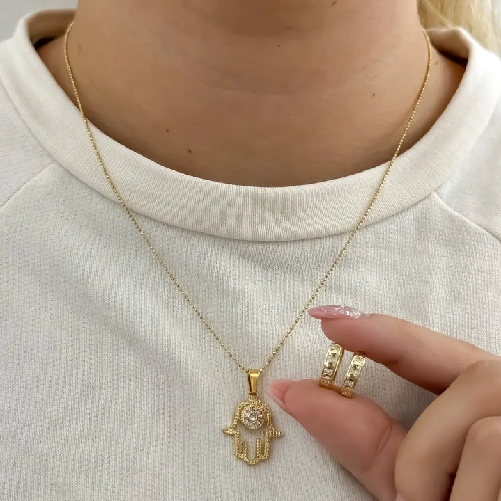Conjunto De Dama Con Cadena De Tejido Militar, Dije De Mano Jamsa Y Candongas Pequeñas + Envío Gratis