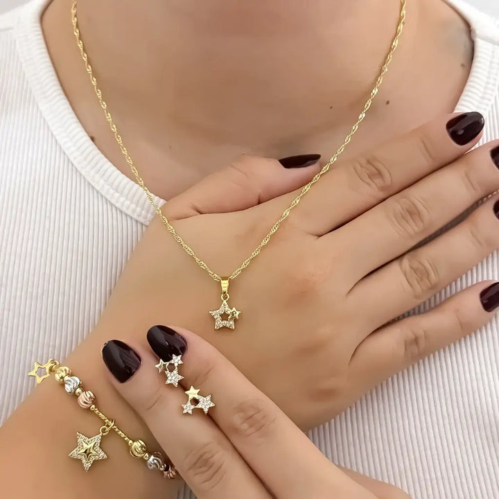 Conjunto De Dama Con Cadena De Tejido Singapur, Dije Y Topos De Estrellas Cristal Y Manillas Tres Oros