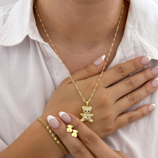 Conjunto De Dama Con Cadena De Tejido Singapur, Dije Y Topos De Oso Y Manilla.