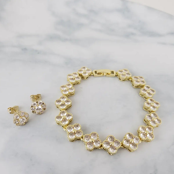 Conjunto De Dama Con Esclava De Treboles De 19cm-10mm De Grosor Y Topos De Flor Cristal + Envío Gratis
