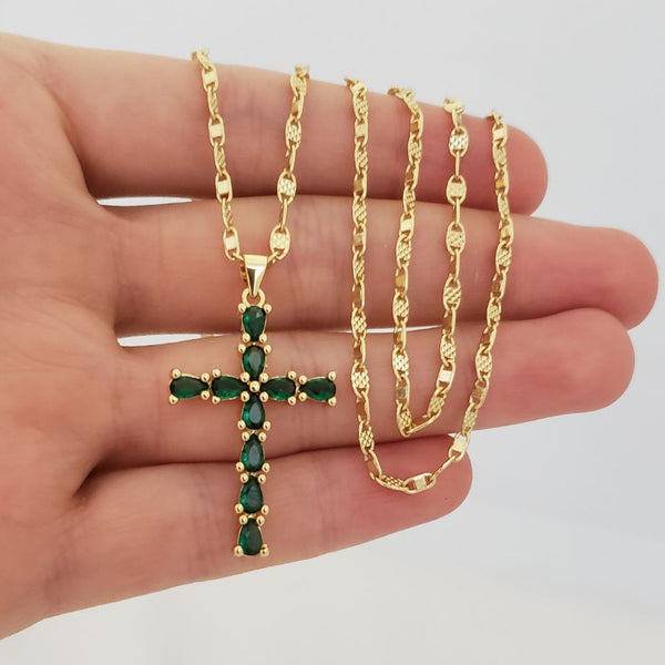 Cadena De Dama De Tejido Escalera Con Destellos de 50cm-2mm De Grosor + Dije de Cruz Esmeralda