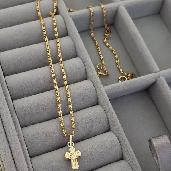 Cadena De Dama De Tejido Caracol de 50cm-1mm De Grosor + Dije de Cruz