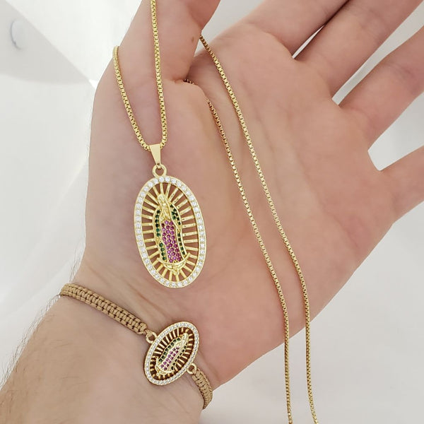 Cadena de Dama De Tejido Veneciano de 50cm-2mm De Grosor + Dije de La Virgen de Guadalupe + Manilla Tejido Macramé Con Herraje de La Virgen De Guadalupe