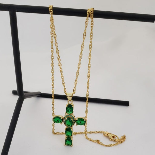 Cadena De Dama De Tejido Singapur de 50cm-1mm De Grosor + Dije De Cruz Esmeralda