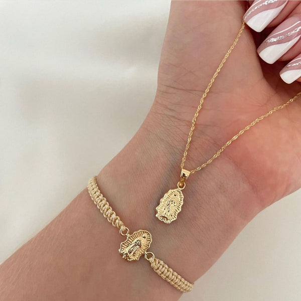 Cadena De Dama De Tejido Singapur de 50-1mm De Grosor + Dije de La Virgen de Guadalupe + Manilla de Tejido Macramé Con Herraje de La Virgen De Guadalupe
