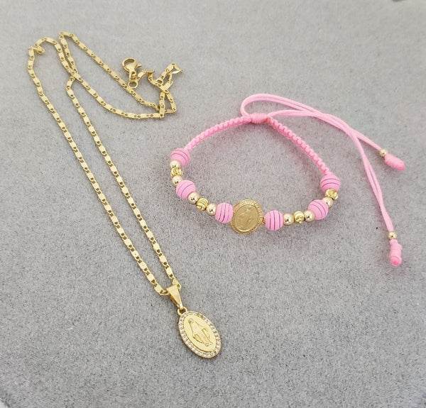 Cadena De Dama De Tejido Caracol de 50cm-1mm De Grosor + Dije de La Virgen Milagrosa + Manilla De La Virgen Milagrosa