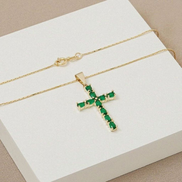 Cadena De Dama de Tejido Cola De Ratón de 50cm-1mm De Grosor + Dije de Cruz Verde Esmeralda