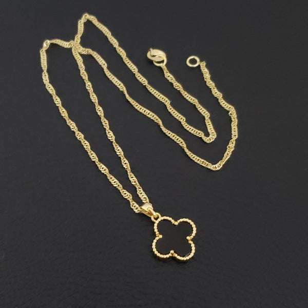 Cadena De Dama De Tejido Singapur de 50cm-1mm De Grosor + Dije de Trébol Negro