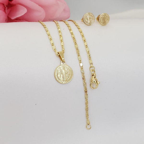 Juego De Cadena de Dama De Tejido Caracol Con Destellos de 50cm-2mm De Grosor + Dije de San Benito + Topos De San Benito