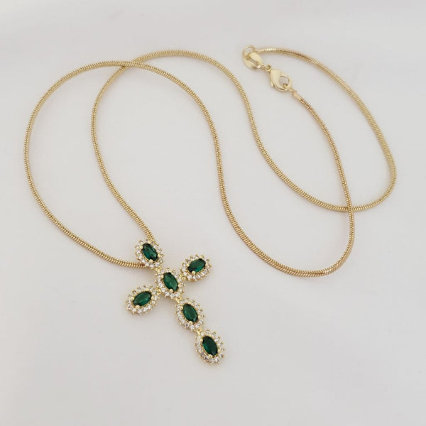 Cadena De Dama de Tejido Serpiente de 50cm-2mm De Grosor + Dije de Cruz Esmeralda