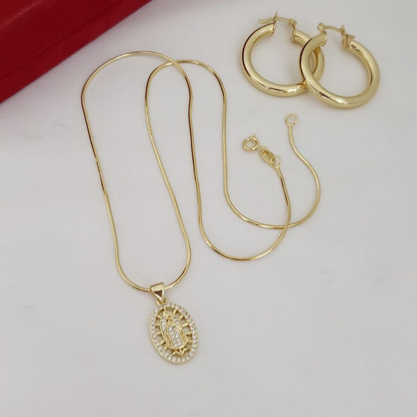 Juego de Cadena De Dama De Tejido Cola De Ratón de 50cm-1mm De Grosor + Dije <De La Virgen de Guadalupe + Candongas