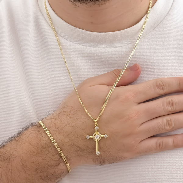 Conjunto Tejido Chino Hombre de 60cm de 3mm + Dije de Cruz Trebol con Micro Circones + Pulseras Tejido Chino 20cm de 3mm en Oro Laminado 18k con Garantia de por vida