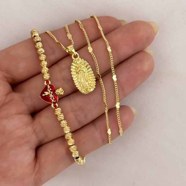 Cadena Tejido Cubana Corazones + Virgen de Guadalupe Tallada + Pulsera de corazon de Jesus en Balin italiano de 5mm en Oro Laminado 18k con Garantía de por vida