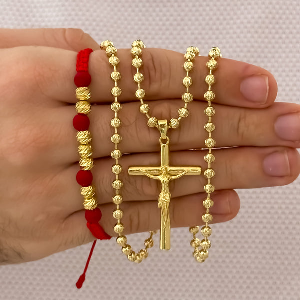 Cadena Tejido Militar Diamantada de 60cm de 4mm de Grosor + Cruz Cristo Madero Protección + Pulsera Hilo Rojo Balin Italiano de 5mm en Oro Laminado 18k con Garantia de por vida