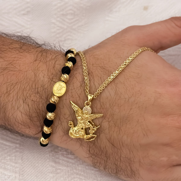 Cadena Tejido Chino de Hombre de 60cm de 3mm + San Miguel Arcángel Protección + Pulsera Tejida San Miguel Arcángel  en Balin italiano 5mm en Oro Laminado 18k con Garantia de por vida