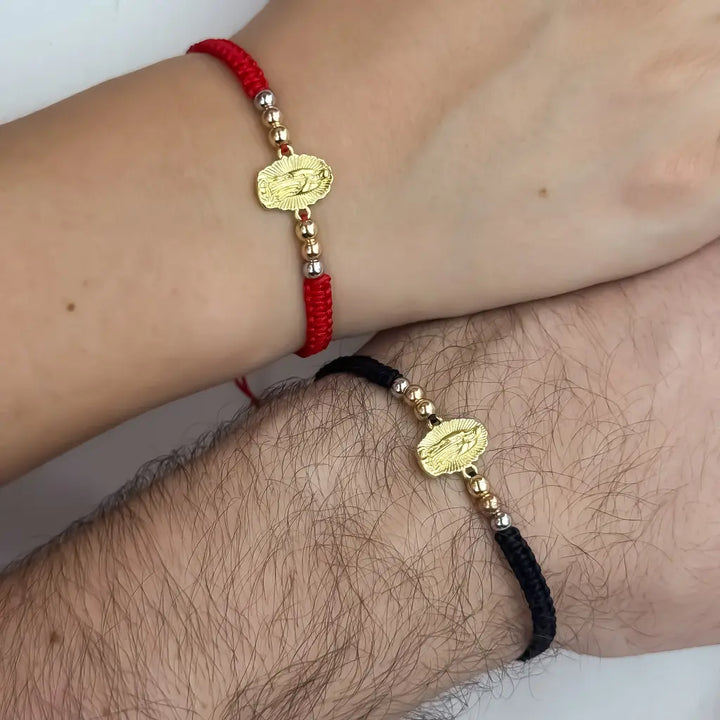 Manillas Para Parejas De Tejido Macramé Con Balines Tres Oros Y Herrajes De La Virgen De Guadalupe