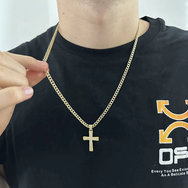 Cadena De Tejido Cubana de 60-3mm De Grosor + Dije de Cruz