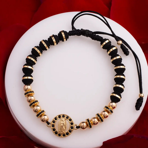 Pulsera De Caballero De Neoprenos Y Rondeles De 6mm, Balines Lisos De 5mm Y Herraje De La Virgen De Guadalupe