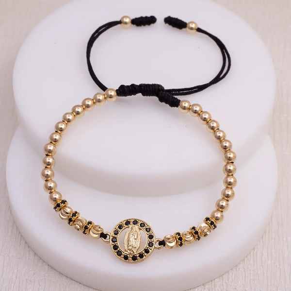 Pulsera De Caballero De Balines Lisos, Italianos Y Rondeles de 4mm + Herraje De La Virgen De Guadalupe