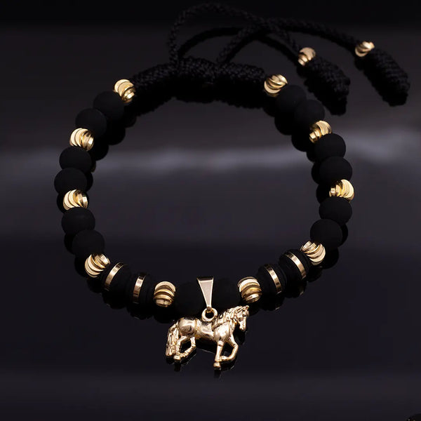Pulsera De Caballero De Terlenca Negra Con Balines Italianos de 4mm y Neoprenos de 6mm Con Dije De Caballo