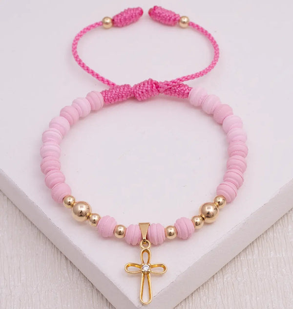 Pulsera De Dama De Neoprenos De 6mm, Balines De 4mm y 6mm y Dije De Cruz