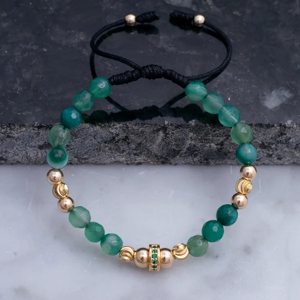 Pulsera De Caballero De Piedras Verde Jade De 6mm y Balines Lisos de 5 y 6mm, Balines Italianos de 5mm y Rondel De 8mm
