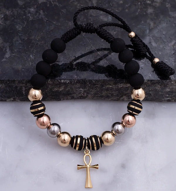 Pulsera de Caballero De Terlenca Negra Con Neoprenos y Balines Tres Oros de 6mm Y Dije De Cruz